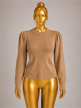Zara Camel Ribbed Knit Sweater Puff Sleeve Fitted Top Size Small